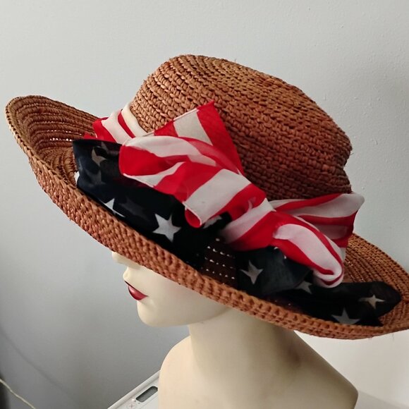 ❤️HELEN KAMINSKI Patriotic Stars Stripes Raffia Packable Hat Austrailia M